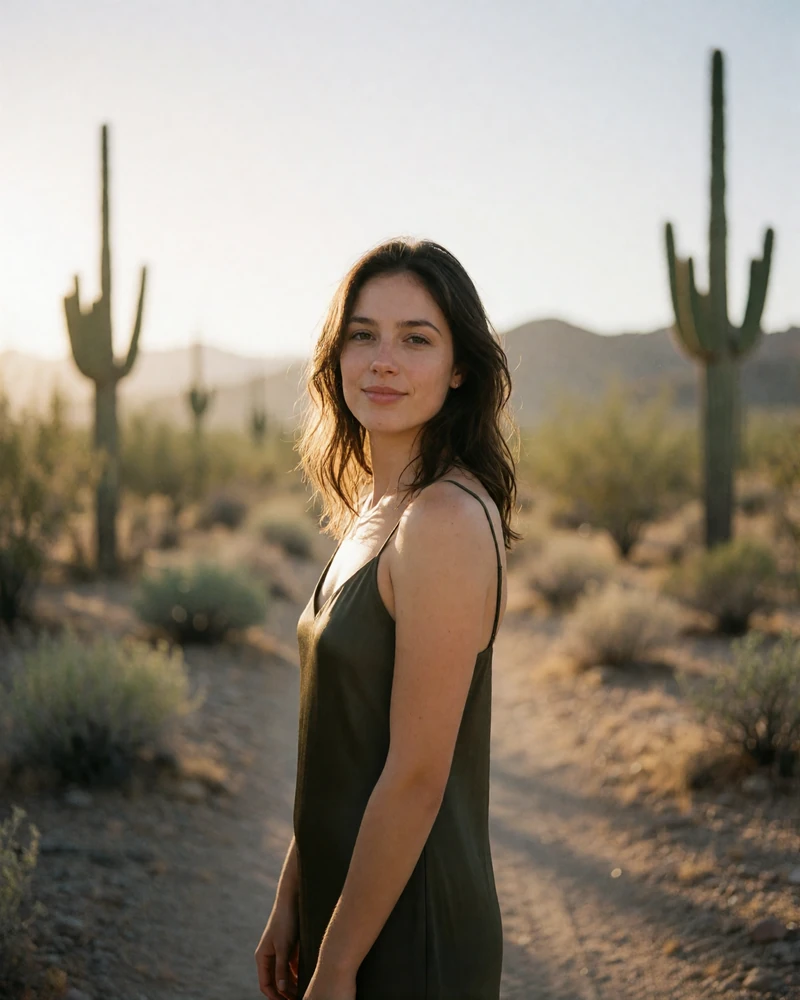 Brown-haired woman in an olive slip dress on a desert trail at golden hour, an example Phoenix member profile photo