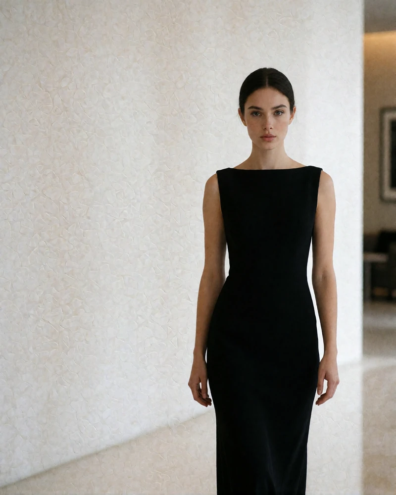 Dark-haired woman in a long black gown standing in a bright minimal hotel lobby, an example Tampa member profile photo