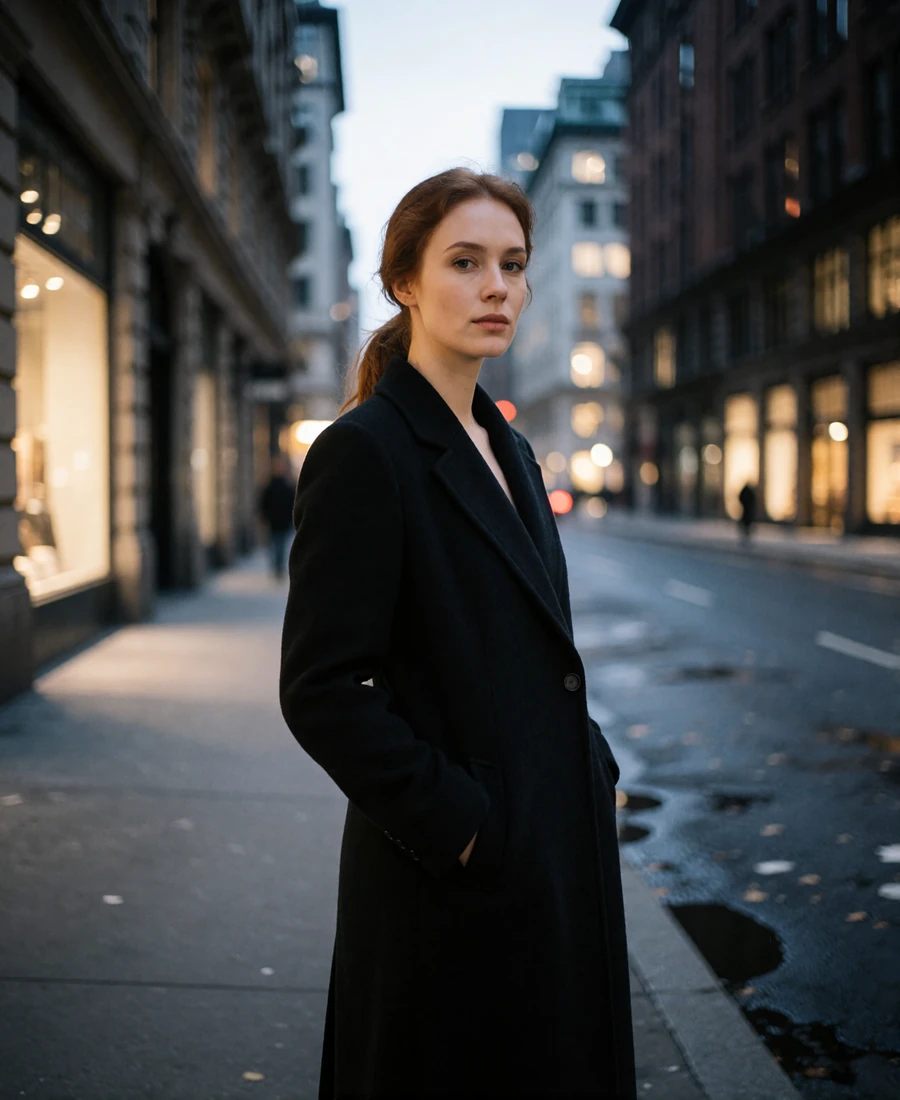 Auburn-haired woman in a dark evening coat on a city sidewalk at dusk, an example New York member profile photo