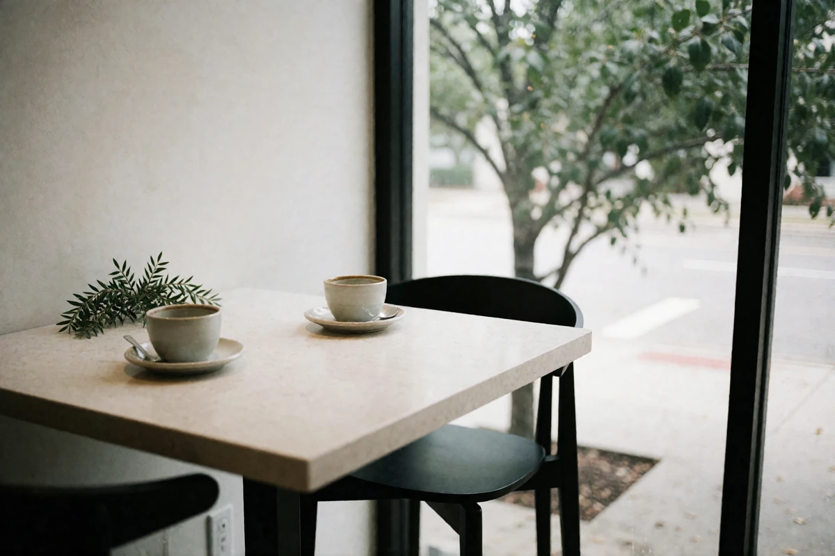 Bright minimalist Houston cafe corner table set for two near floor-to-ceiling windows with soft daylight