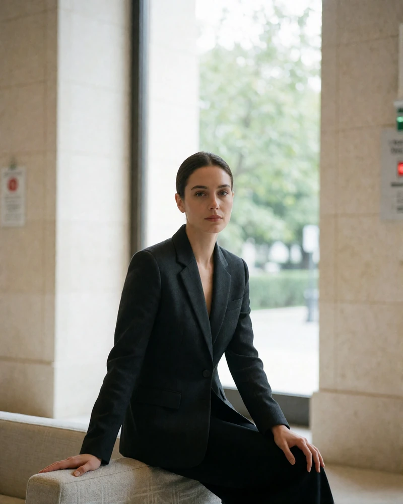 Confident woman in a tailored blazer seated in a bright Orlando hotel lobby lounge