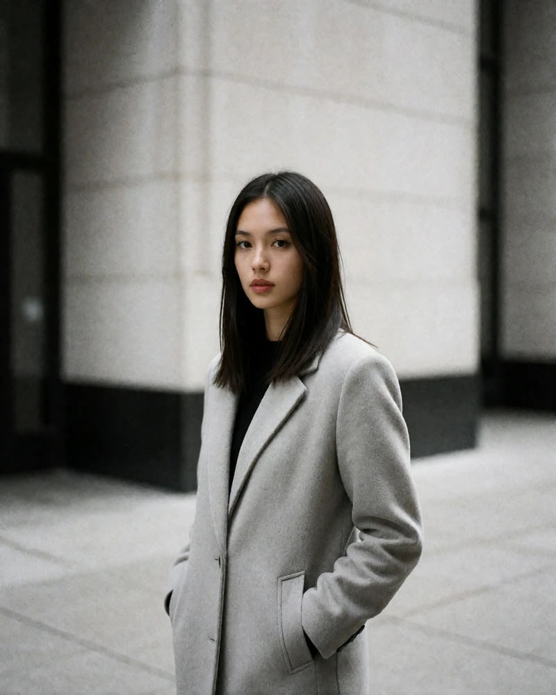 Dark-haired woman in a light grey wool coat on a downtown Indianapolis pavement, an example member profile photo