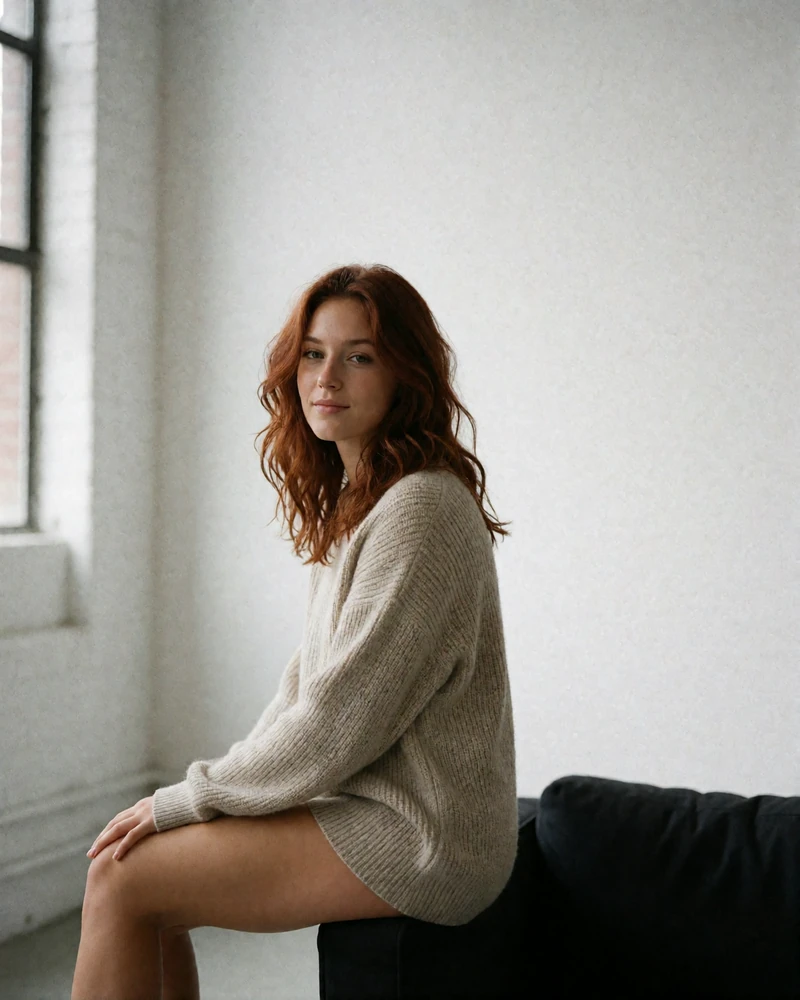Auburn-haired woman in an oatmeal knit sweater seated in a bright downtown loft, an example member profile photo