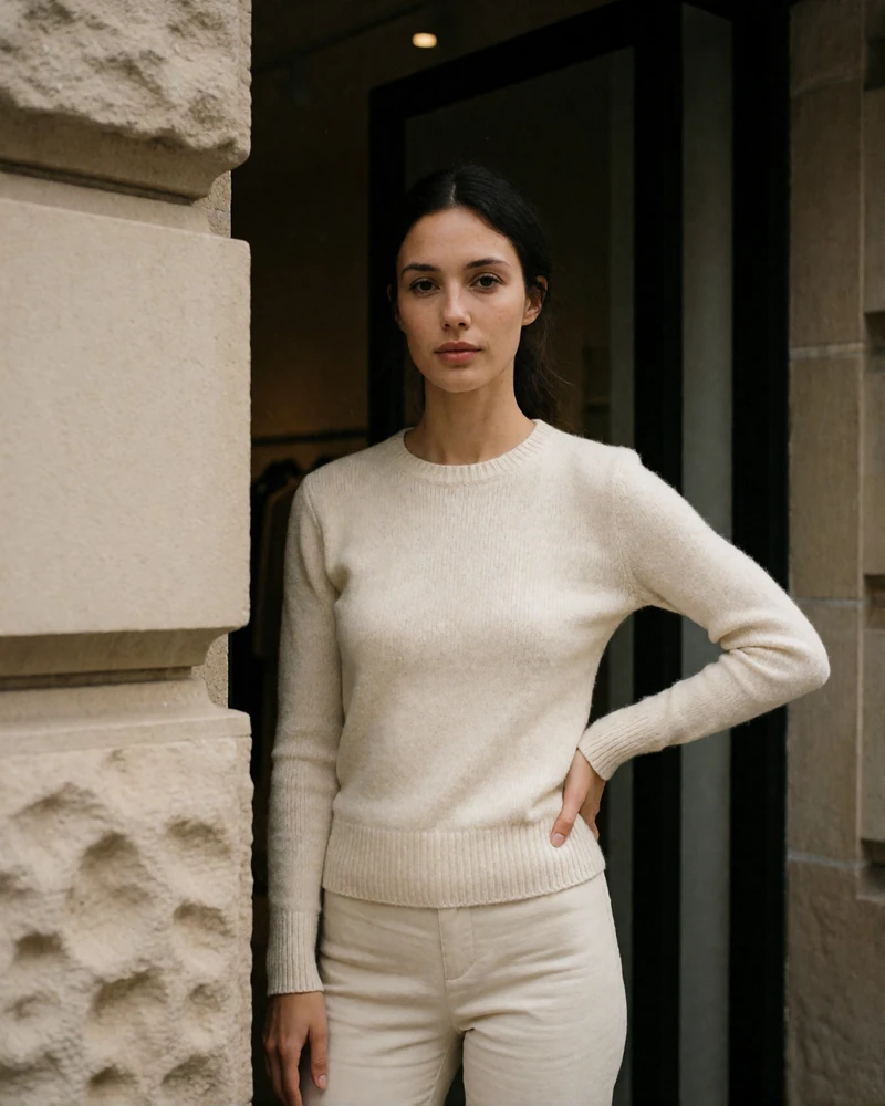 Dark-haired woman in a cream knit standing in a Gold Coast boutique doorway, an example Chicago member profile photo