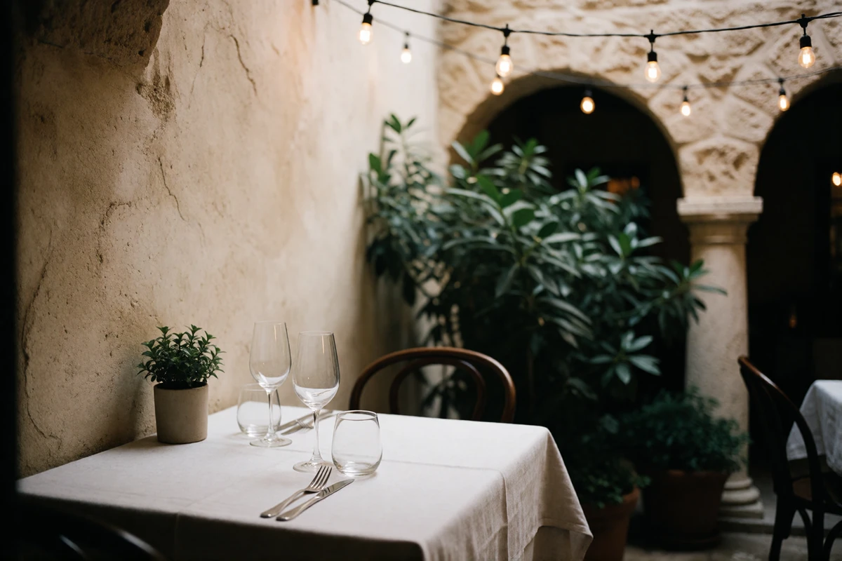 Intimate two-person dinner table set in a walled courtyard of an upscale San Antonio restaurant with warm string lights above