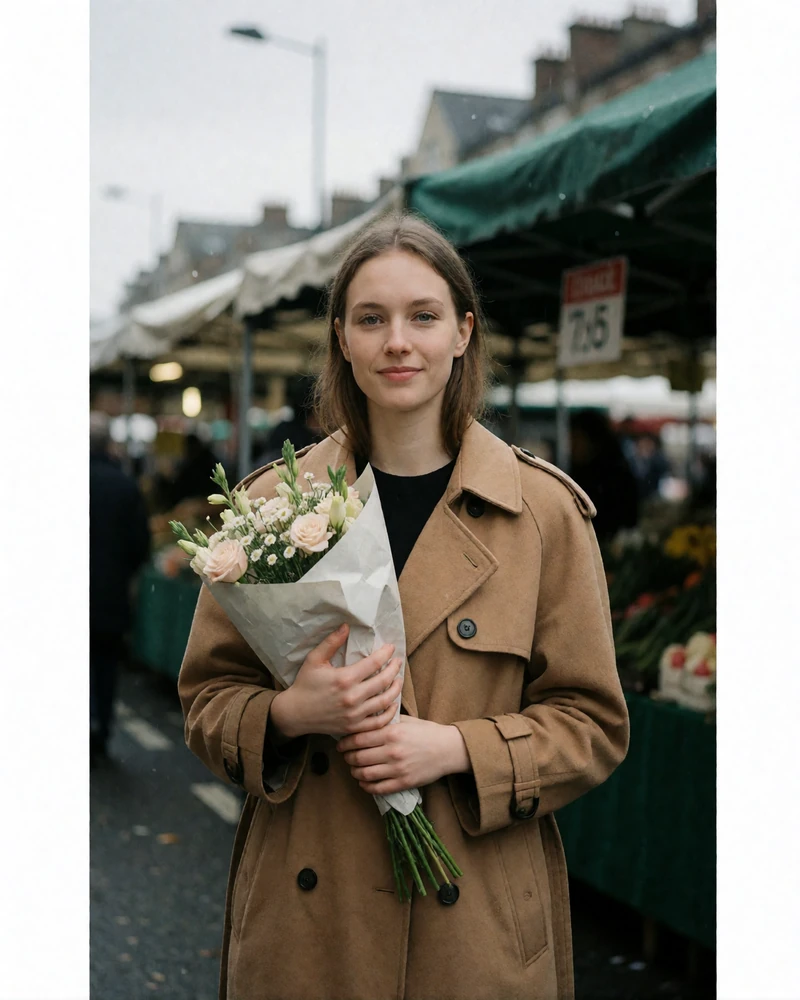 Woman in a camel trench coat carrying a paper-wrapped bouquet on a Seattle market street, an example Seattle sugar baby profile photo