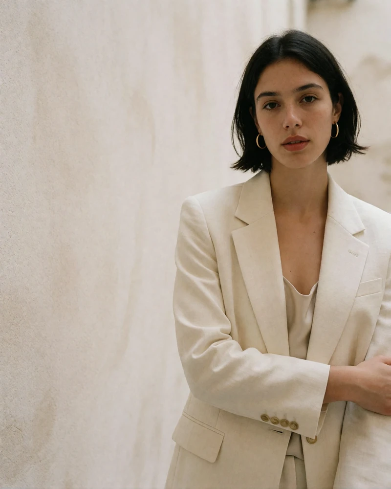 Woman with short dark hair and a cream blazer standing in a bright Design District gallery courtyard, an example Miami member profile photo