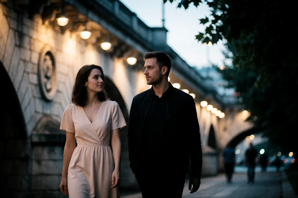 Woman in a blush dress and man in a dark jacket walking together along the San Antonio River Walk at dusk