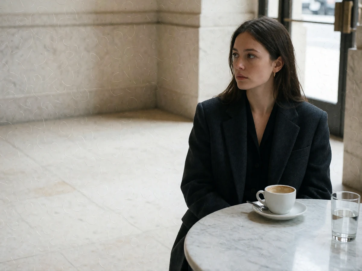 Woman in a charcoal blazer sitting alone at a marble table in an upscale hotel lobby, glancing toward the entrance with an untouched espresso