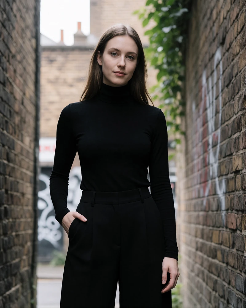 Woman in a fitted black turtleneck standing in a brick-walled alley in Old Fourth Ward, an example Atlanta member profile photo
