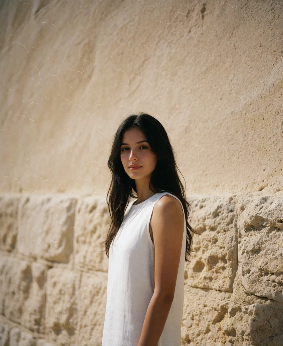 Dark-haired woman in a white linen dress beside a sunlit sandstone wall, an example San Antonio member profile photo