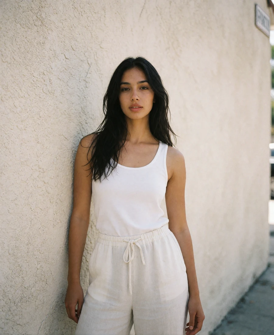 Young woman with long dark hair in a white tank and linen trousers beside a sunlit stucco wall, an example Los Angeles member profile photo