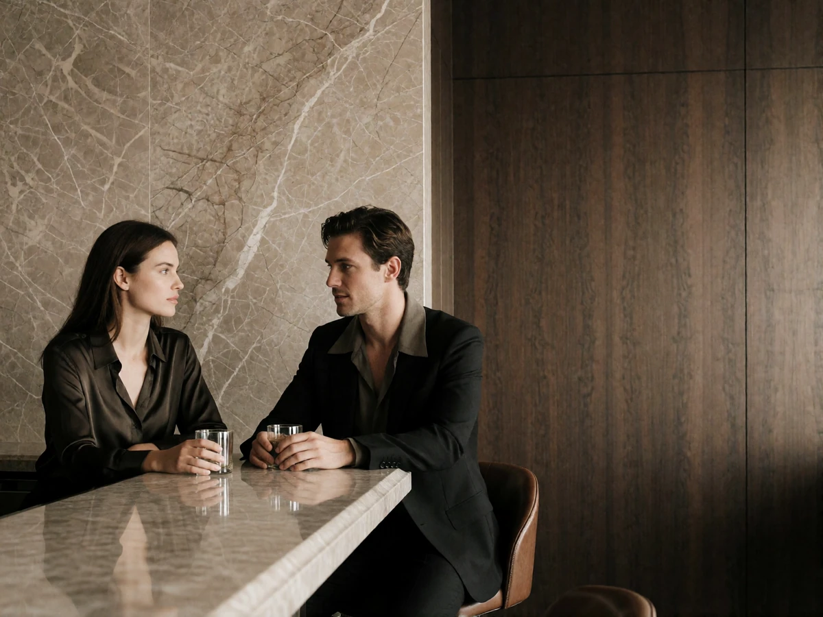Woman in a dark silk blouse and man in an open-collar suit in unhurried conversation at a corner marble bar