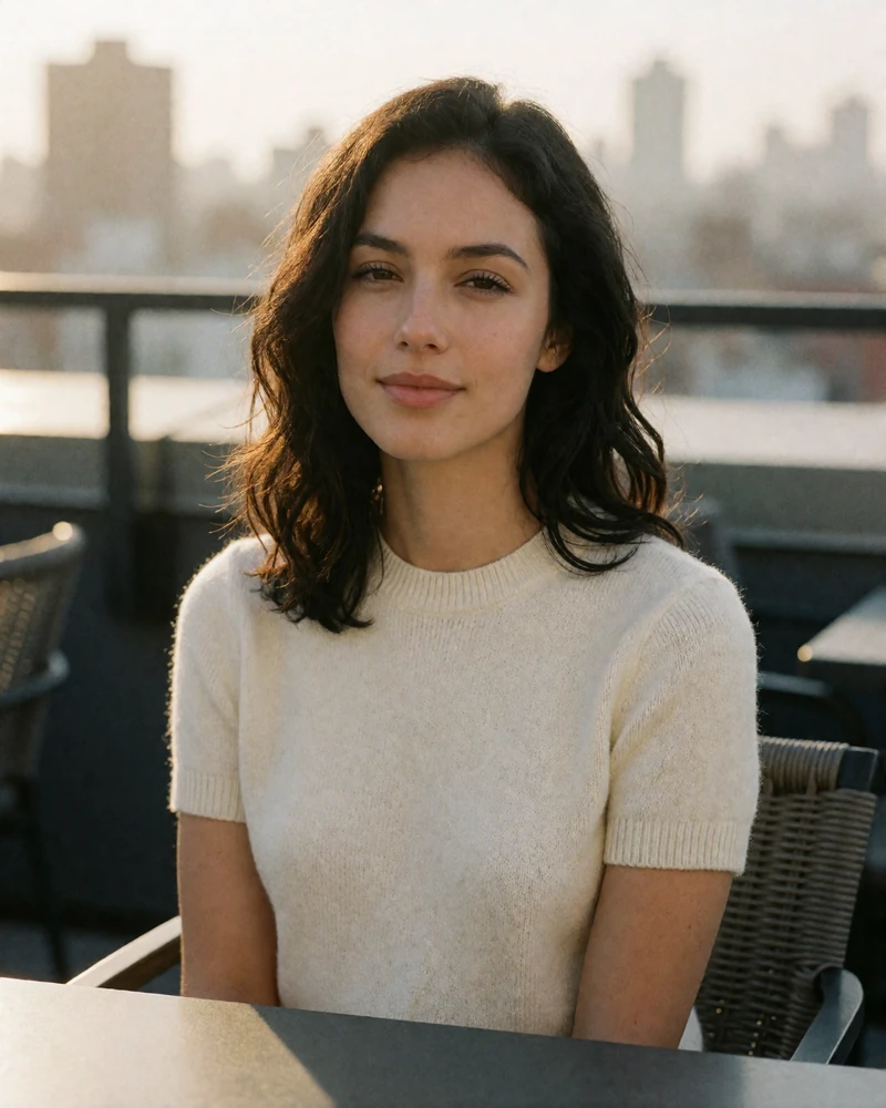 Woman with dark wavy hair in a cream knit top seated at a rooftop lounge, an example verified sugar baby profile photo
