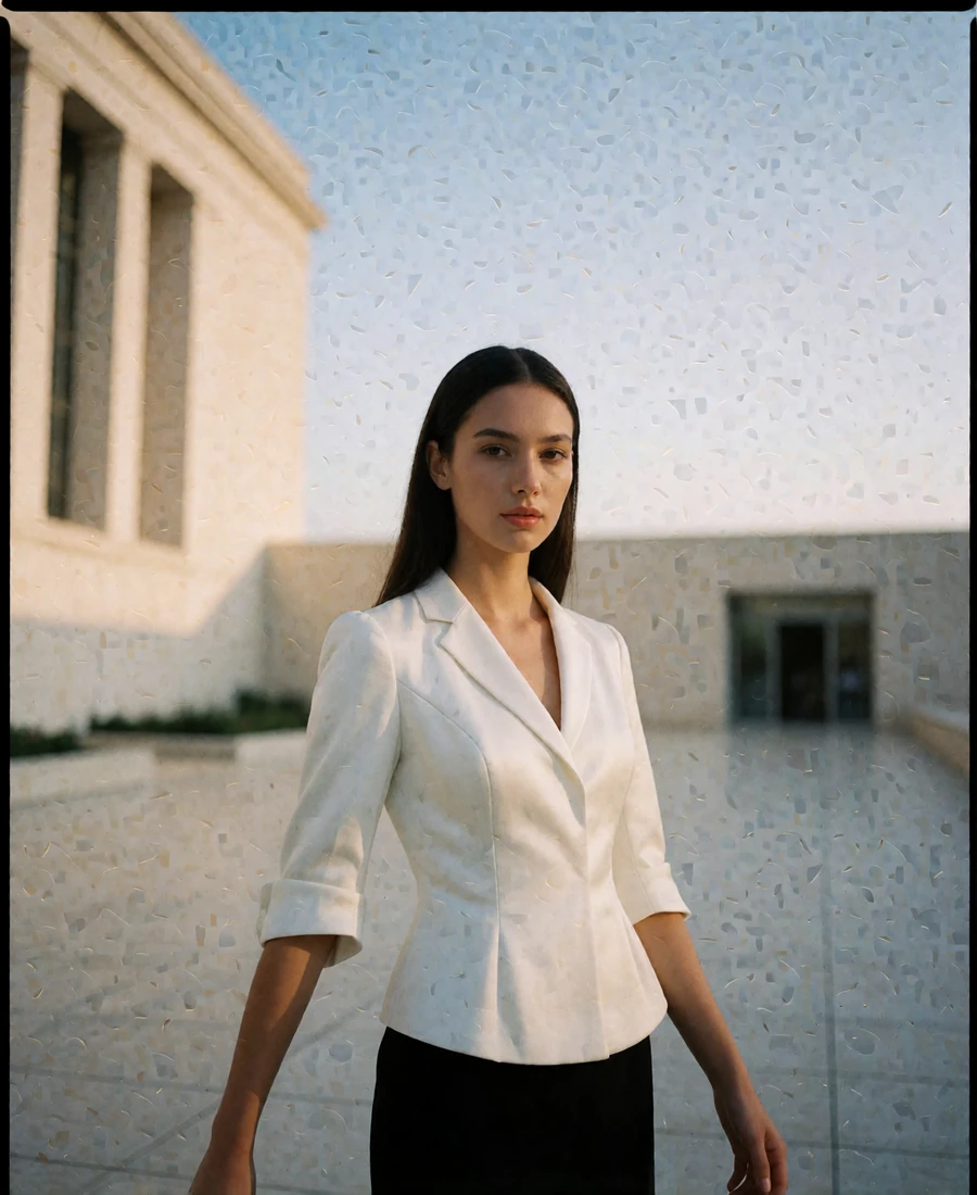 Dark-haired woman in a white blouse standing on the Houston Museum District plaza, an example Houston member profile photo