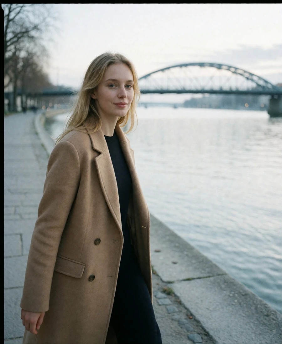 Blonde woman in a camel coat walking along the Nashville riverfront promenade at sunrise, an example Nashville member profile photo