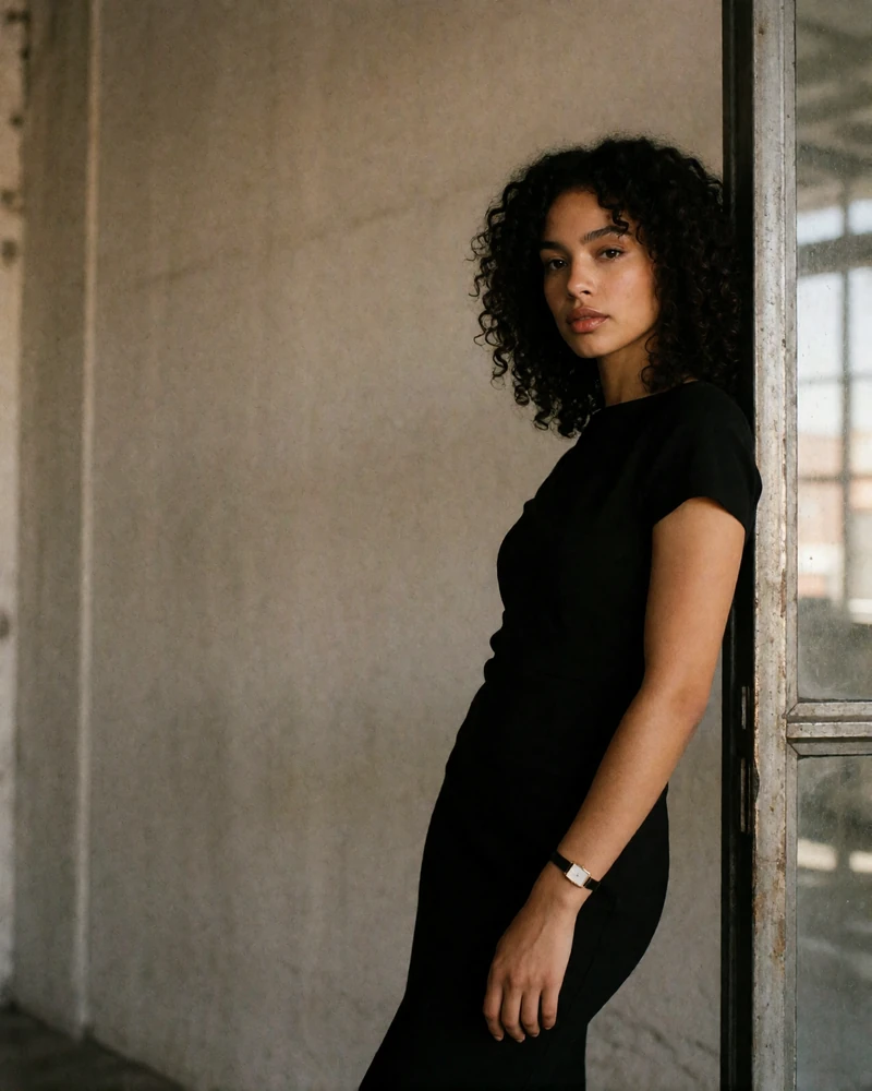 Dark-curled woman in a fitted black dress beside a steel doorway in Fulton Market, an example Chicago sugar baby profile photo