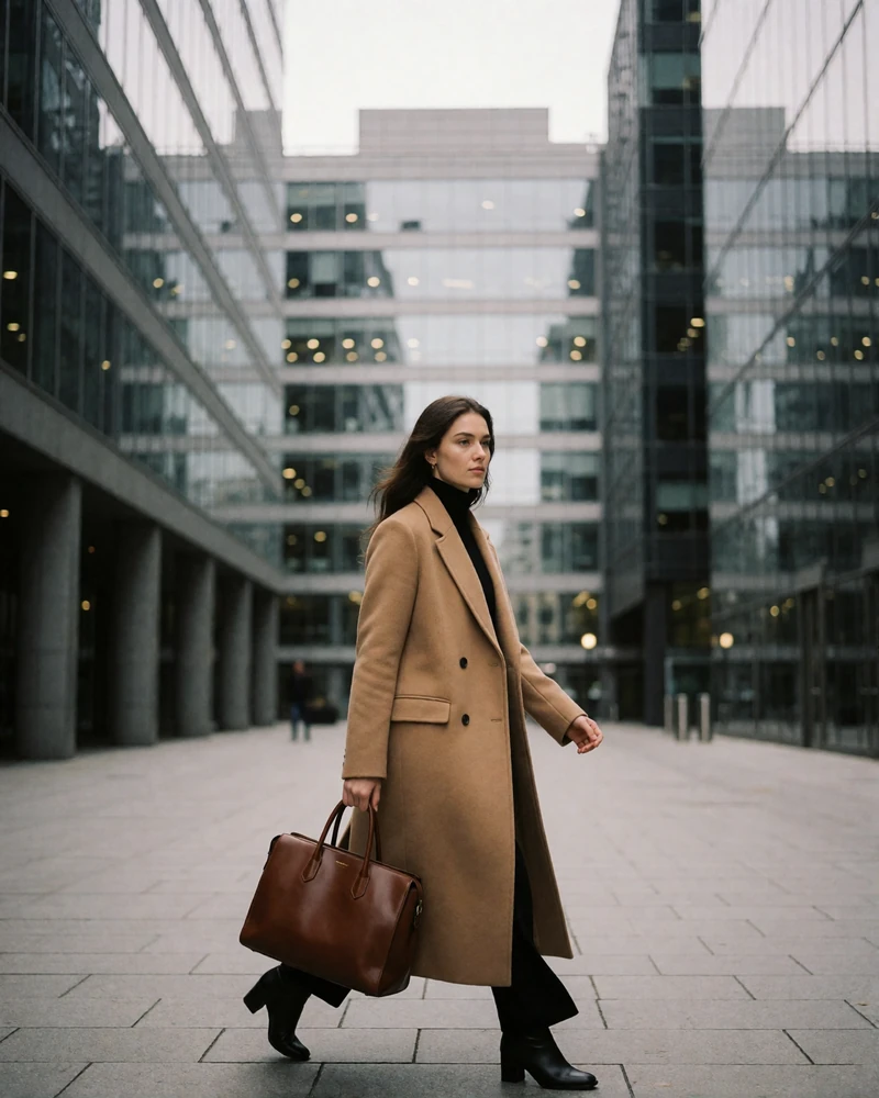 Woman in a camel coat walking briskly through a financial district with glass office towers behind her