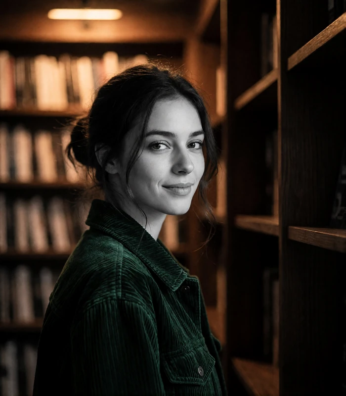 Dark-haired woman in a green corduroy jacket among blurred bookshelves, an example Portland sugar baby profile photo
