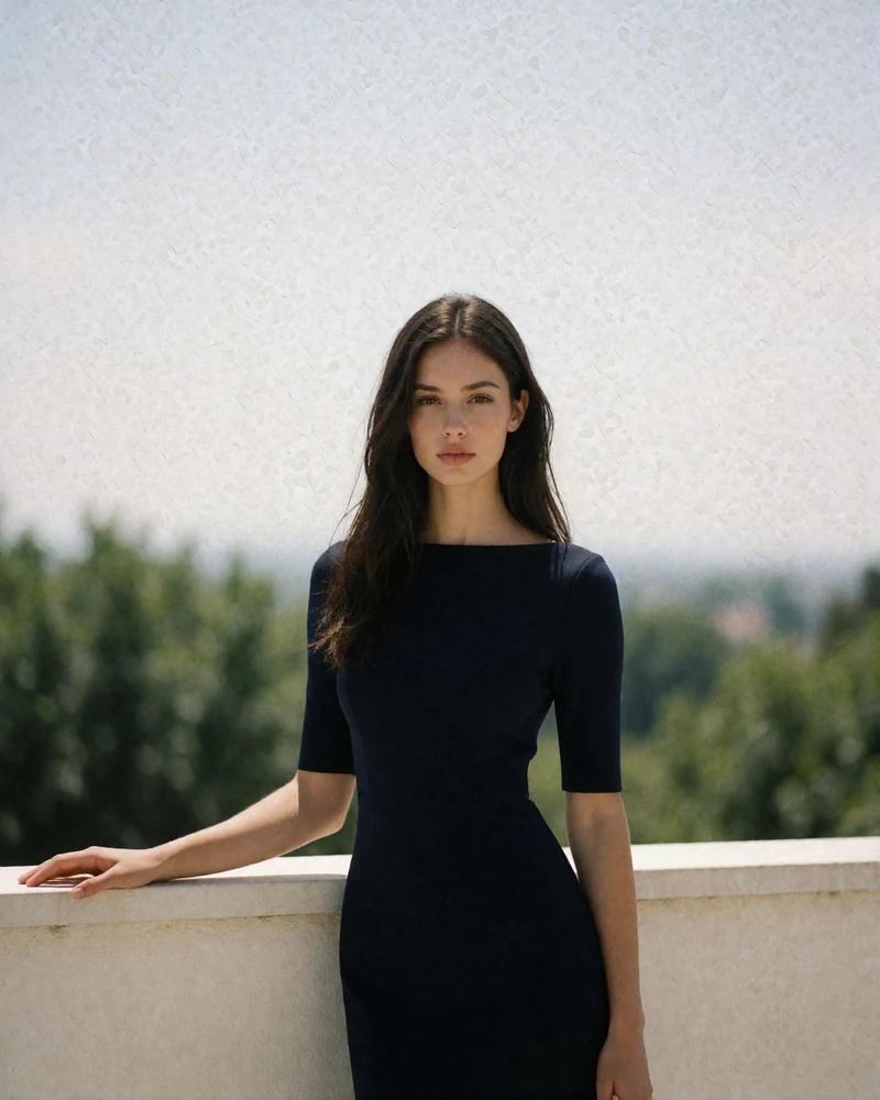 Dark-haired woman in a fitted navy dress on a shaded terrace, an example Tampa member profile photo