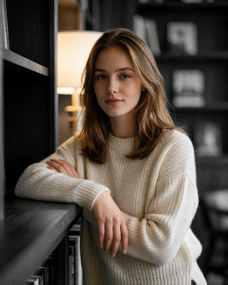 Light brown-haired woman in a cream knit sweater leaning against a wooden bookshelf, an example Boston member profile photo