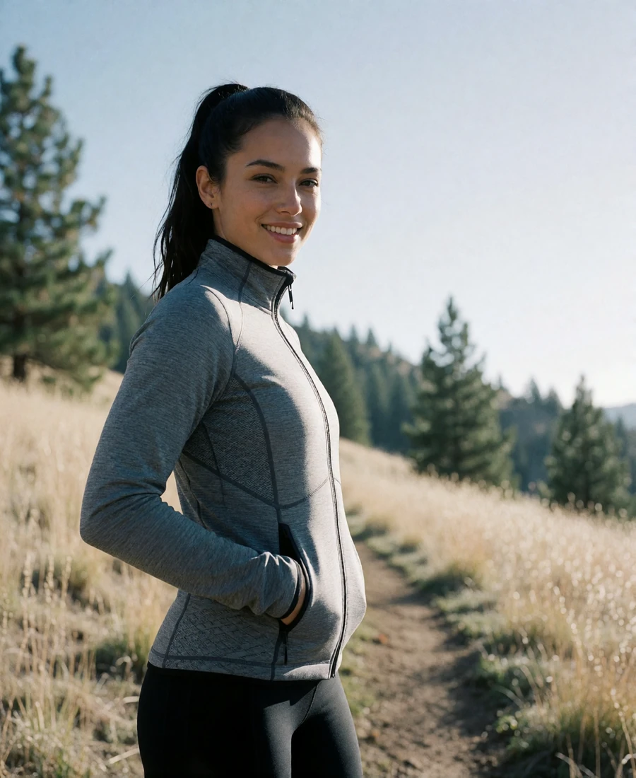 Athletic woman with a dark ponytail in a grey technical jacket at a Front Range foothills trailhead, an example Denver member profile photo