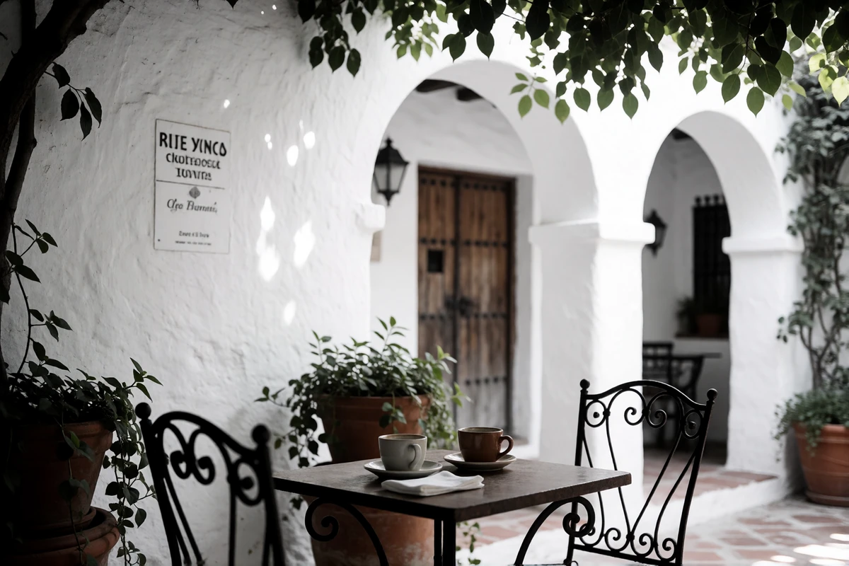 Shaded Spanish-colonial courtyard cafe in San Antonio with a small table set for two and trailing greenery