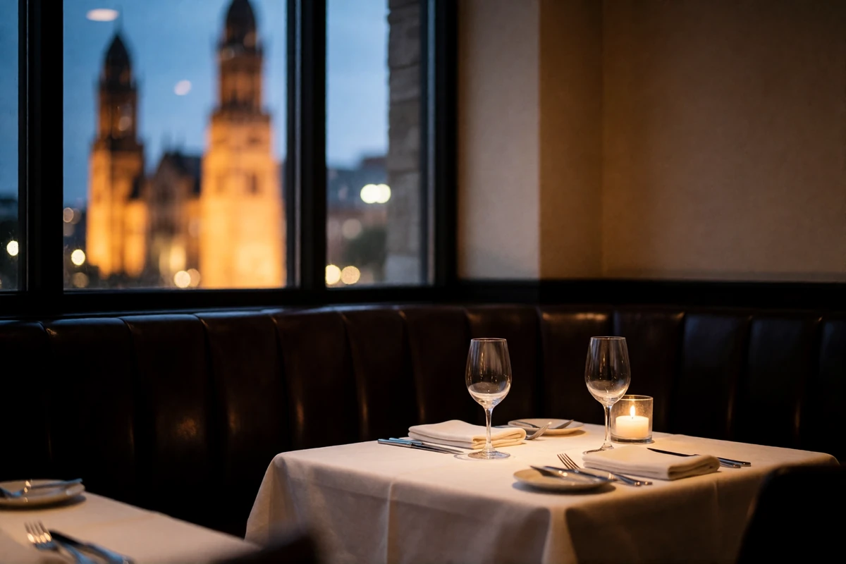 Quiet candlelit corner booth in an upscale Dallas steakhouse with a blurred skyline visible through a tall window at blue hour