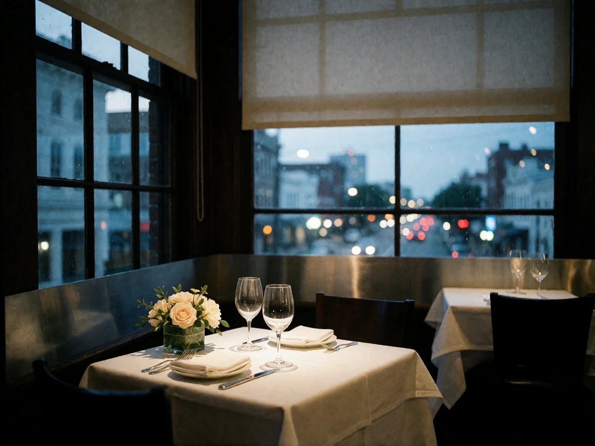 Quiet corner table for two beside a tall window in an upscale Nashville restaurant at dusk, set for an evening arrangement