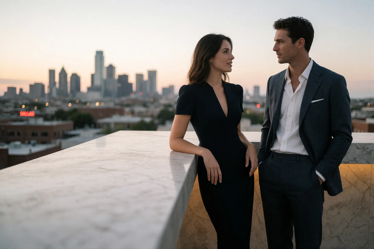 Woman in a fitted dark dress and man in an open-collar suit talking at a Dallas rooftop bar with the skyline blurred behind them at dusk