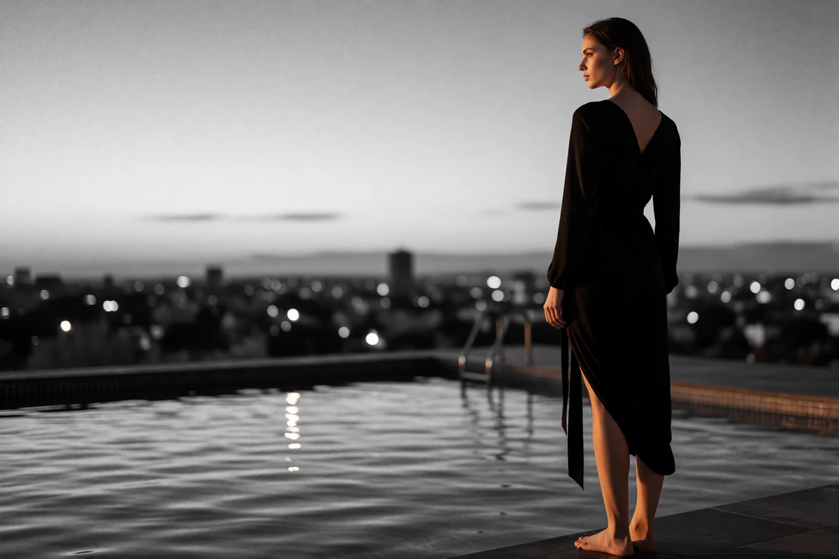 Woman in a dark wrap dress standing at the edge of a rooftop pool overlooking the Orlando skyline at dusk