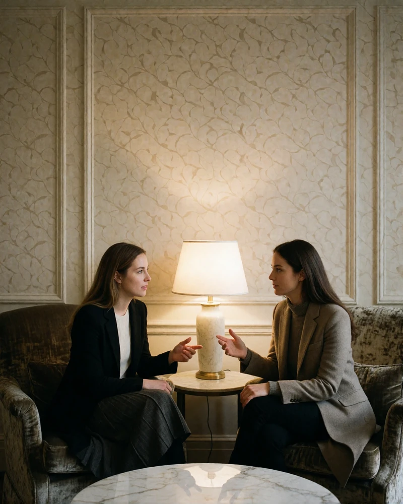 Two elegantly dressed women in velvet armchairs mid-conversation in a private members lounge