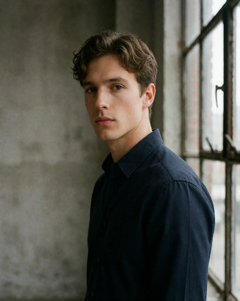 Man in a dark navy shirt standing in a loft studio beside an industrial window, an example verified companion profile photo