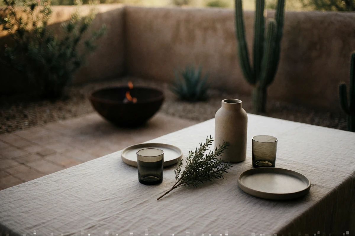 Set dinner table for two on a shaded desert-modern patio in Phoenix with pale linen and stoneware, no people