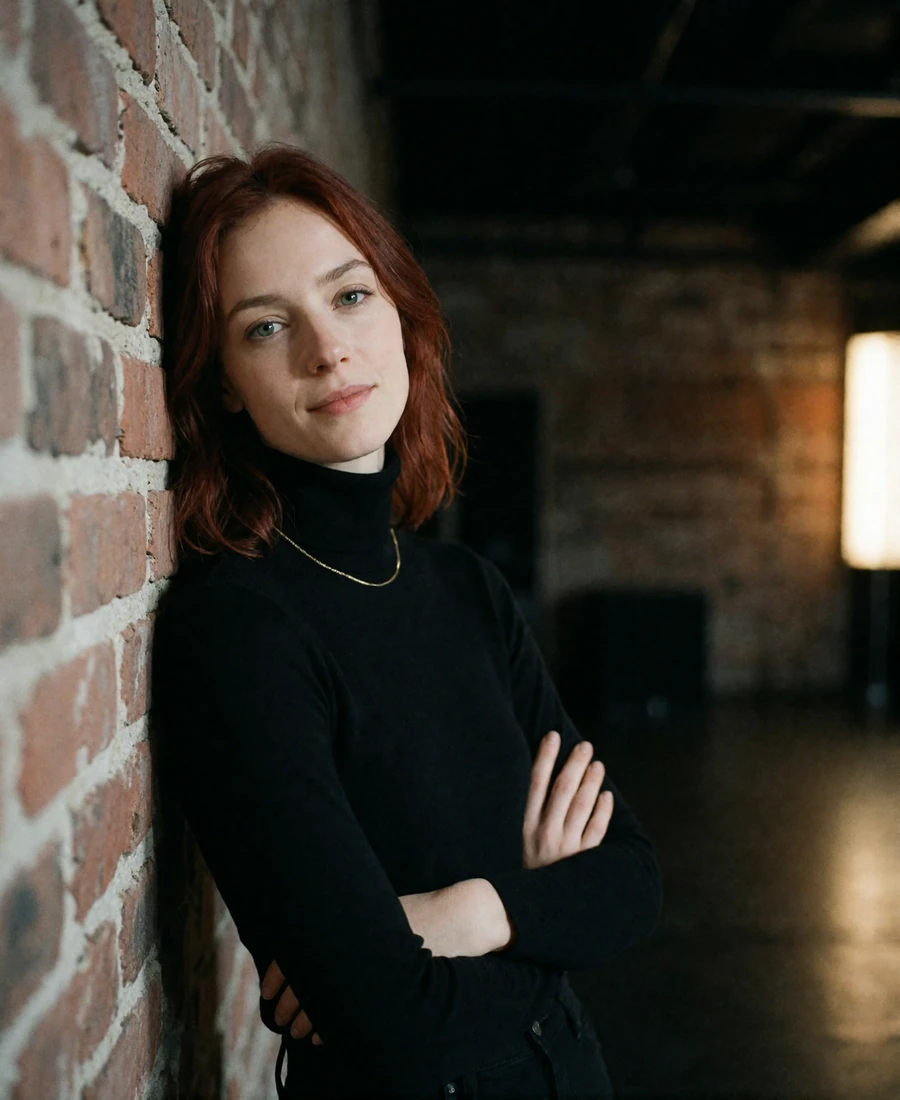Auburn-haired woman leaning against a brick wall inside a dim Nashville listening room, an example Nashville member profile photo