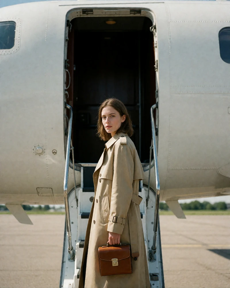 Woman in a beige trench coat standing at the foot of private aircraft steps holding a leather case