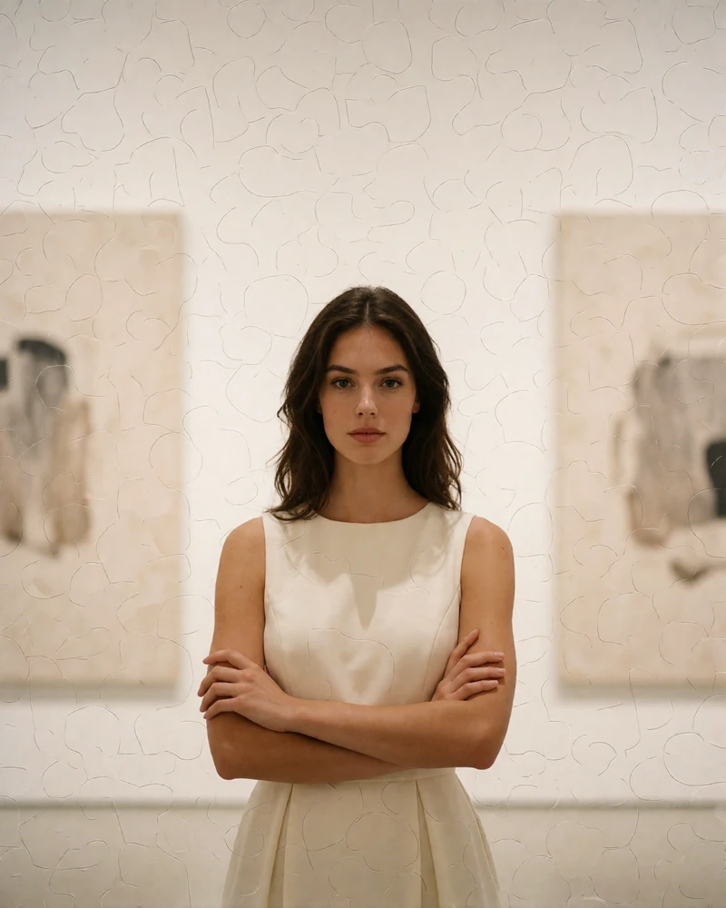 Woman in an ivory sleeveless dress standing in a bright minimal Midtown gallery space, an example Atlanta member profile photo