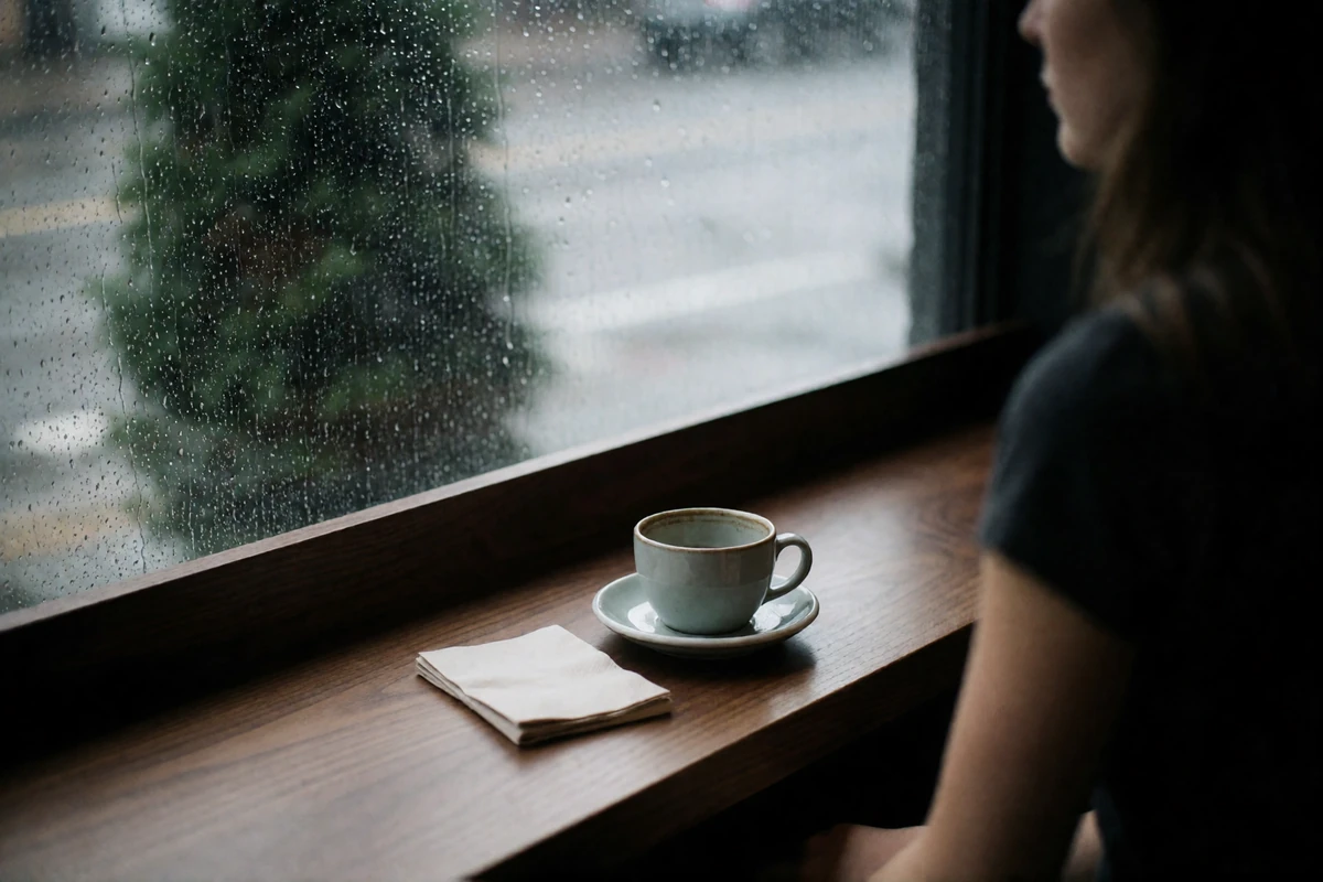 Coffee bar corner with a ceramic cup, notebook and a softly blurred woman seated by a rain-flecked Seattle window