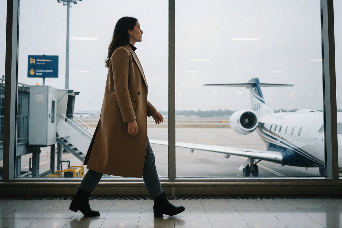 Woman in a camel coat walking through an airport business lounge toward a private aircraft