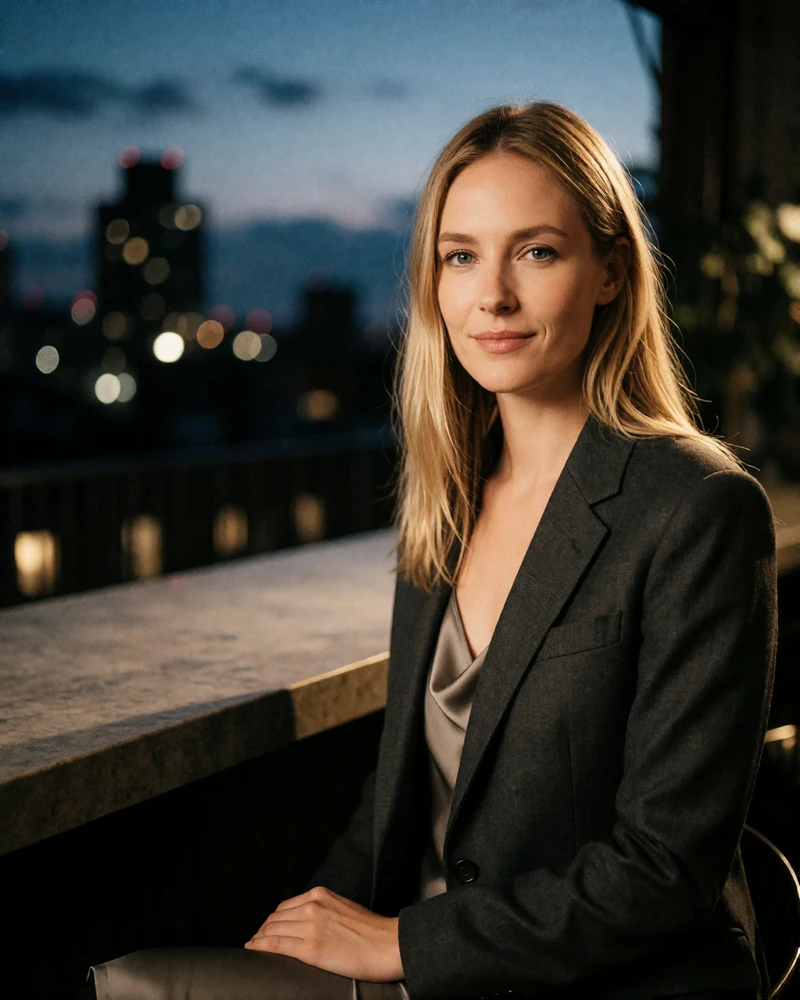 Blonde woman in a charcoal blazer seated at a rooftop bar counter at dusk, an example Chicago member profile photo