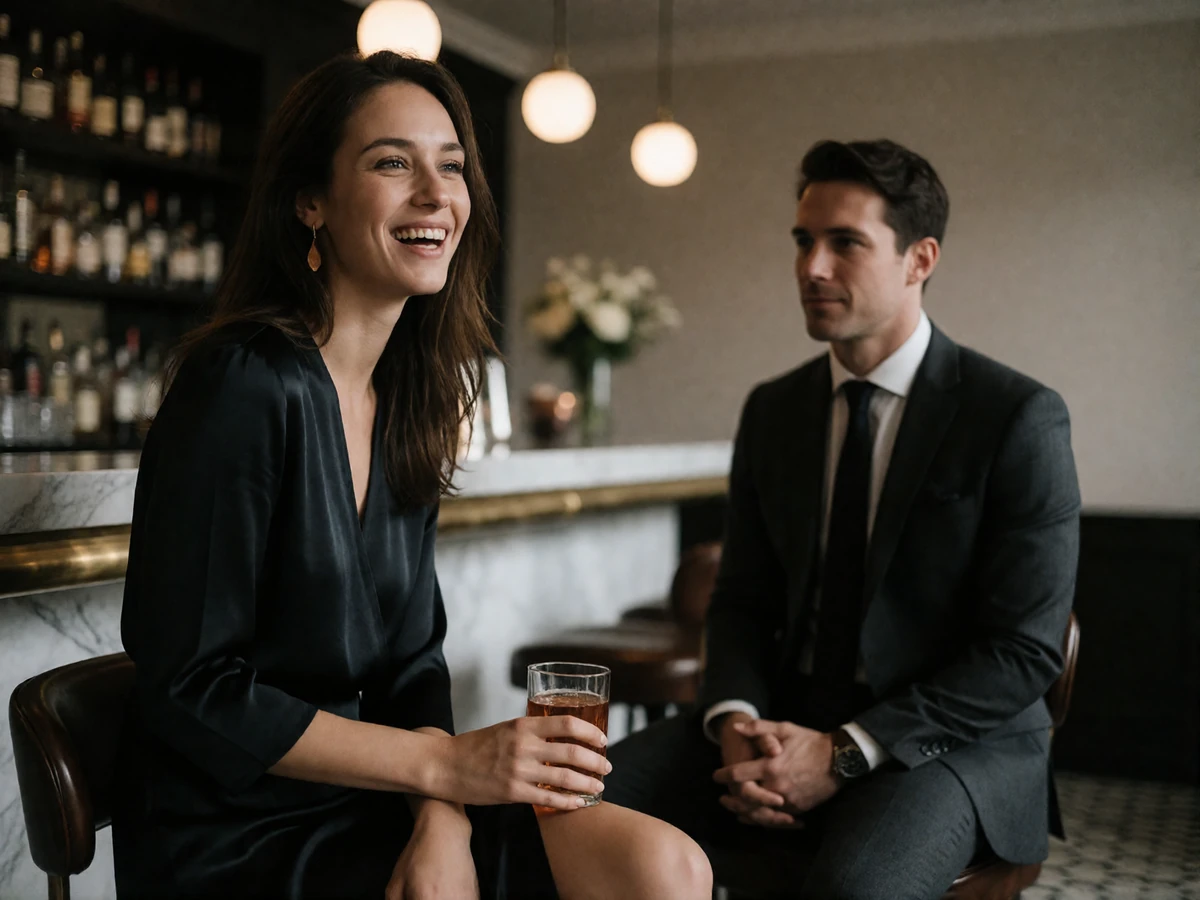 Woman in a dark silk dress laughing in a hotel cocktail lounge across from a man in a charcoal suit, marble bar softly blurred behind them