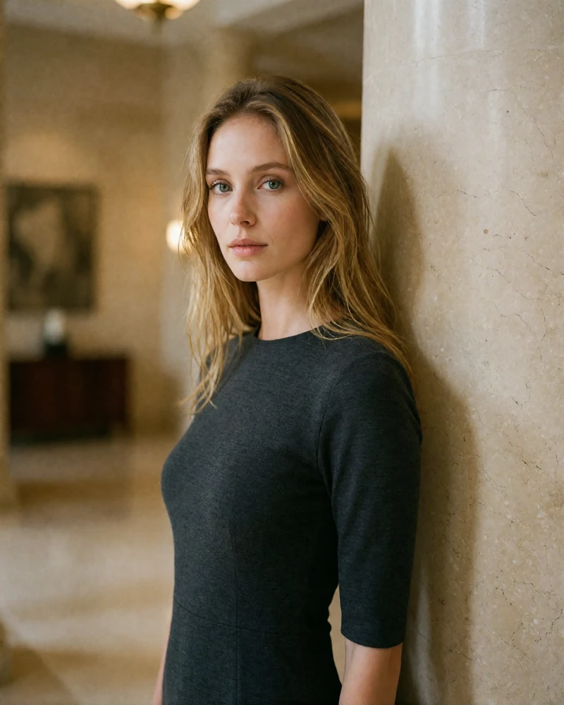 Woman with honey-blonde hair in a charcoal dress standing in a hotel lobby, an example verified sugar baby profile photo