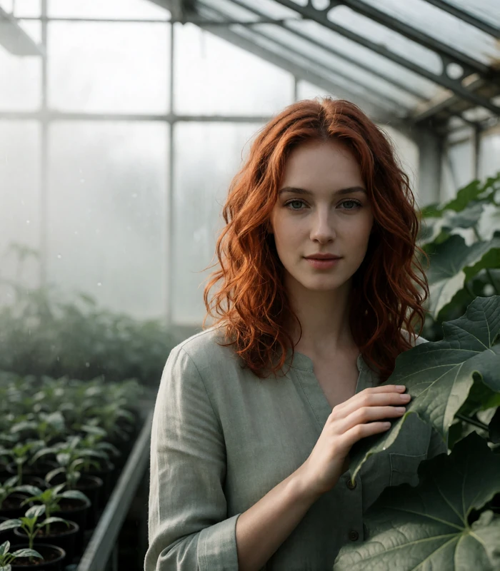 Copper-haired woman smiling among plants in a glass greenhouse, an example Portland sugar baby profile photo