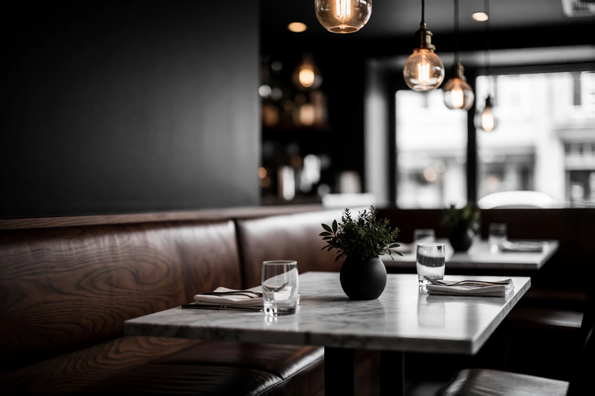 Upscale southern restaurant interior with a walnut banquette and marble table set for two, warm pendant lighting at dusk