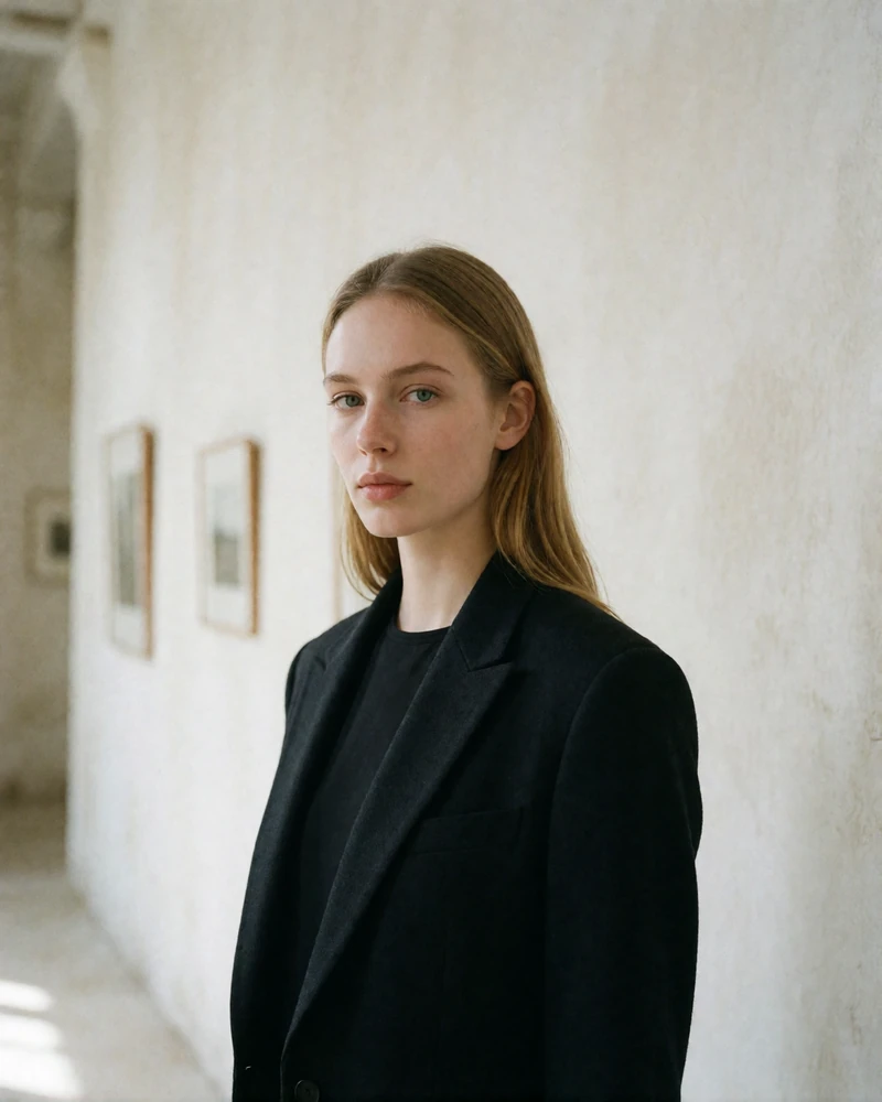 Blonde woman in a structured black blazer standing in a bright minimalist gallery corridor, an example verified member profile photo