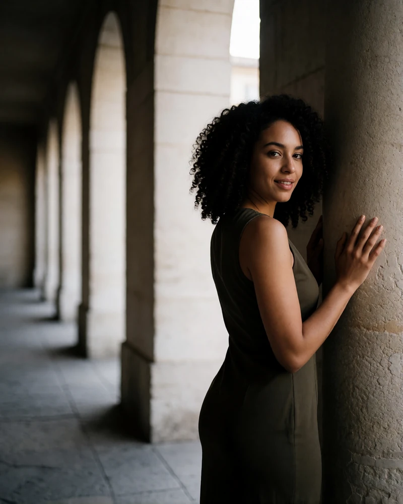 Woman with curly dark hair standing in a shaded colonnade of pale stone arches in Balboa Park, an example San Diego member profile photo
