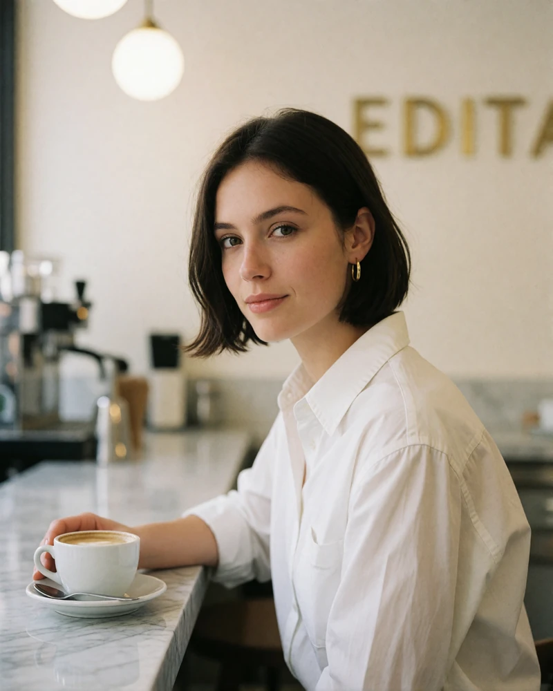 Woman with a short dark bob seated at a marble café counter, an example verified sugar baby profile photo