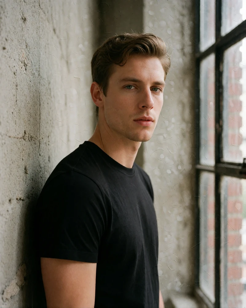 Man in his early thirties with light brown hair leaning against a concrete loft wall beside a window, an example verified younger companion profile photo