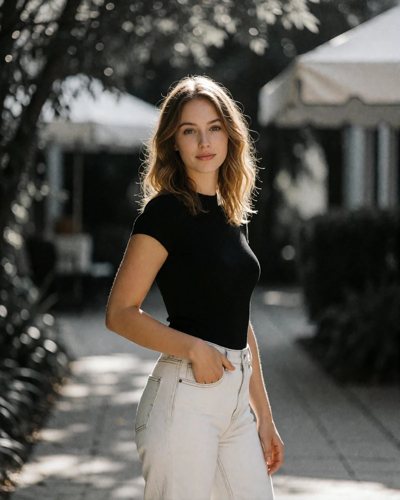 Woman in a black top and pale denim standing on an open-air walkway, an example Orlando sugar baby profile photo
