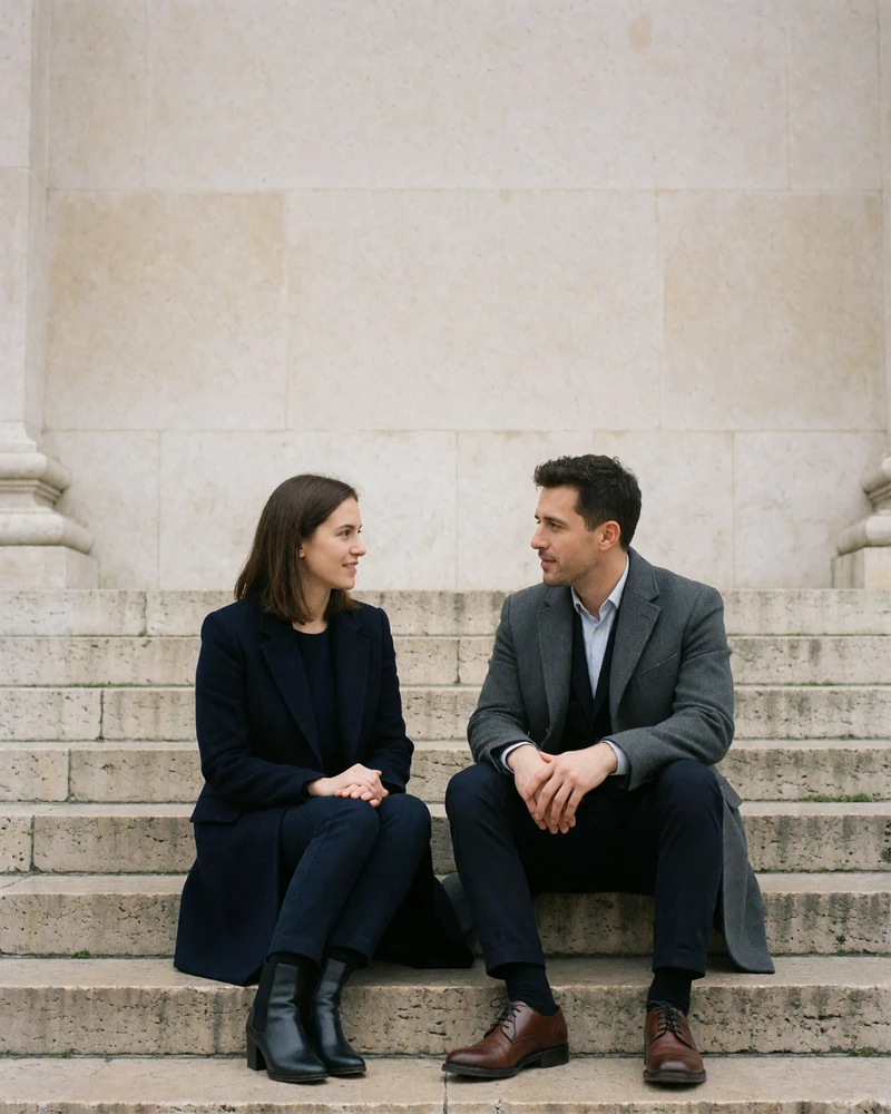 Couple sitting on museum steps in daylight conversation, representing transparent sugar dating in Miami